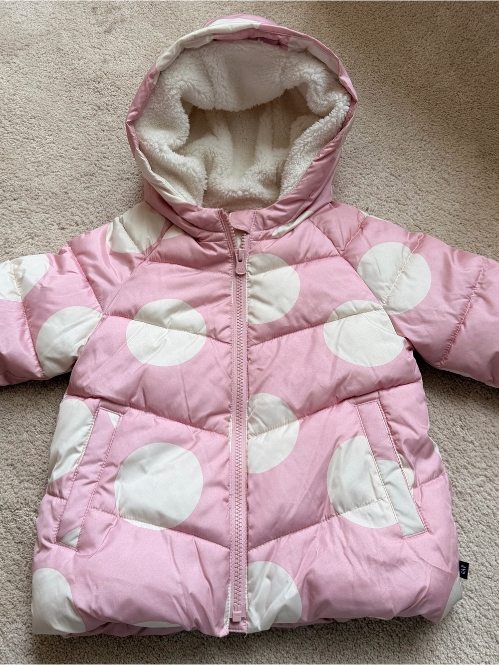 GAP Kids Pink Polka Dot Puffer Coat with Sherpa Hood
